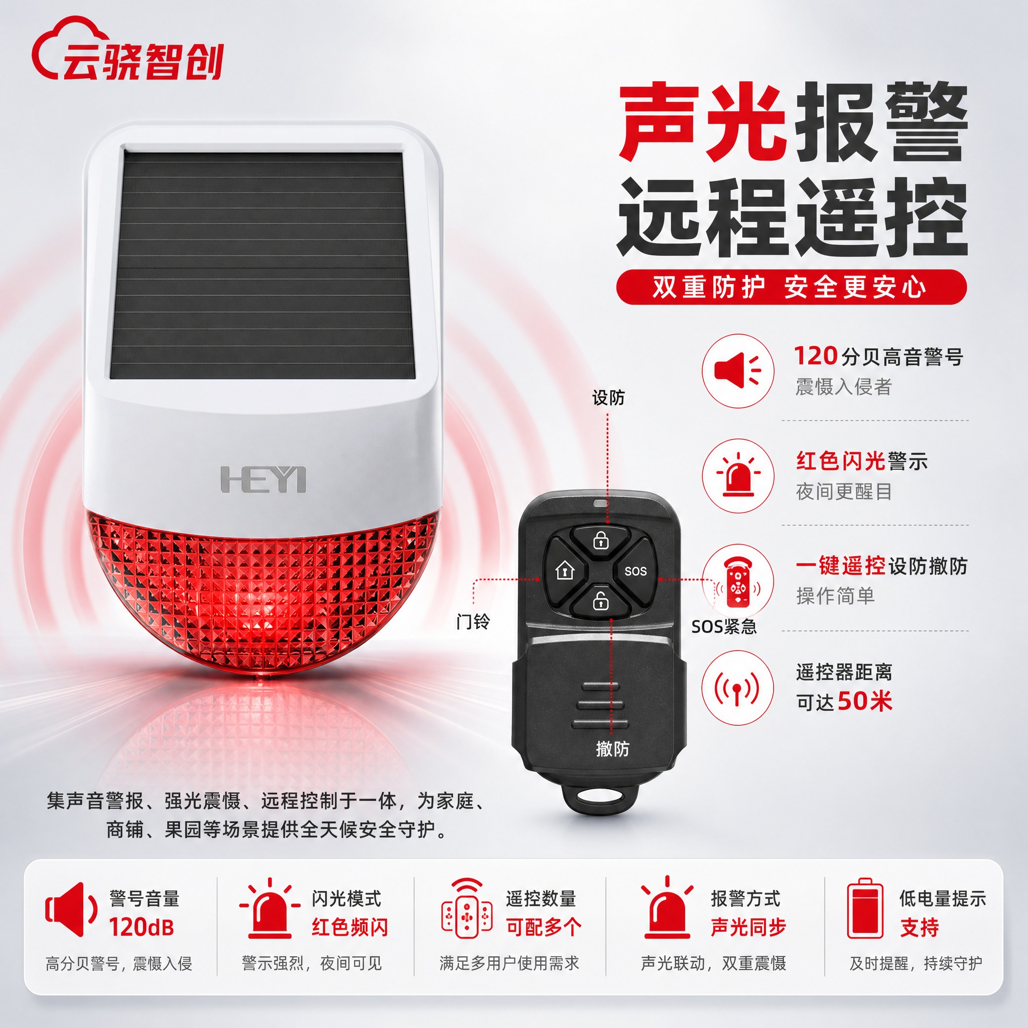 [主图-3] 功能细节图，主题：声光报警+远程遥控 双重防护，… - 图片创意预览