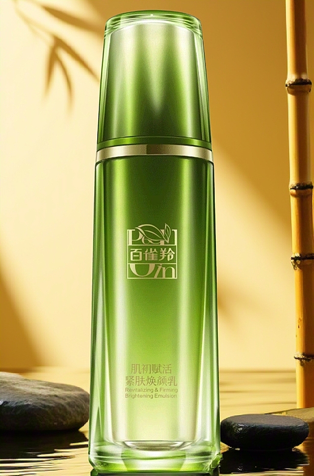 清新玻璃瓶设计，简约现代，融入国潮元素，竹影映衬，营造舒适轻拟物风。