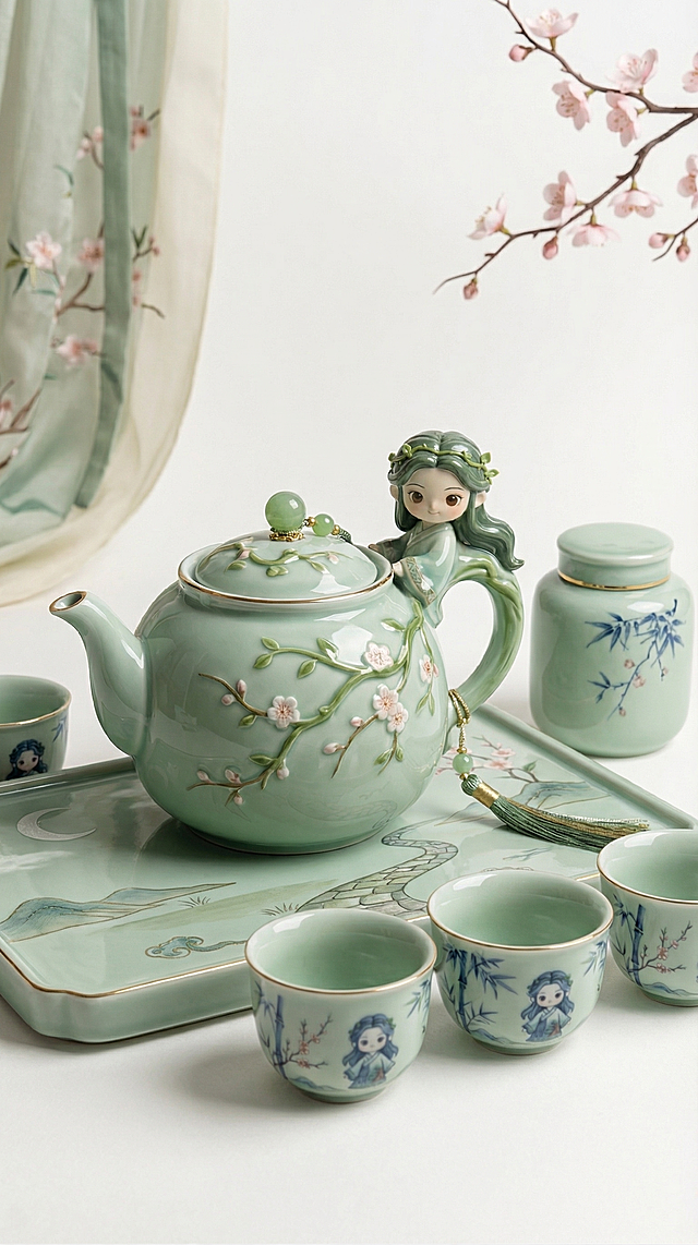 以这个国风绿发女孩形象为主题，设计一套陶瓷茶具，保留女孩形象元素做茶具装饰，风格清新国风，青绿色陶瓷质感