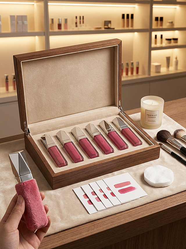 写实摄影风格，中心偏右构图。主视觉是装着6支图示口红的冬日礼盒，旁侧摆香薰蜡烛与化妆刷。左下方手举毛绒口红摆件（复刻管身，毛绒质感蓬松）。场景是美妆柜台，木质台面铺米白丝绒布，摆试色卡与卸妆棉，背景是亮暖灯的货架，暖光衬得口红颜色更饱和，专业又显质感。