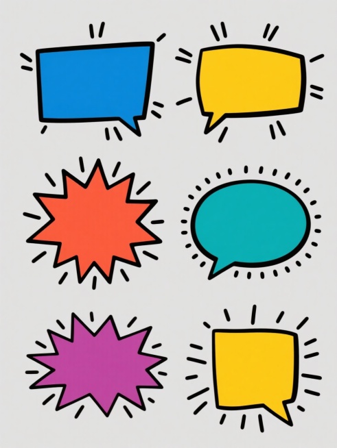 一组6个不同形状的漫画风格爆炸对话框元素系列素材，保持原有的手绘感线条、黑色轮廓描边和内部纯色填充的风格特征，整体色彩变换为多种不同的鲜艳配色方案，所有元素规整地排列在纯色背景上，每个爆炸对话框都保留向外放射的黑色短线装饰细节，形状各异但风格统一，形成一套视觉协调的系列设计素材。预览效果