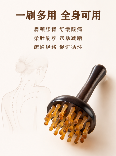 [模块-3] 淘宝主图第三张牛筋齿经络刷产品功效说明图。
[氛围/风格] 温馨自然商业摄影，奶白色系简约风格，温暖舒适氛围。
[画面元素] 经络刷放置在画面下方偏右，保持原产品外观不变。画面中增加一个预览效果