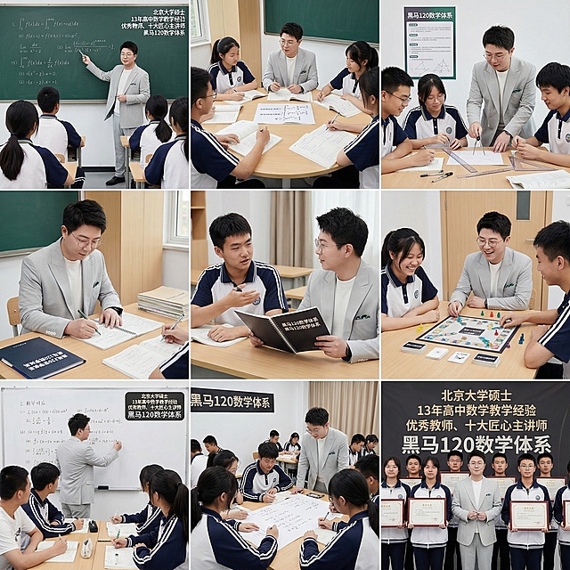 帮我生成关于高中数学的九宫格图片，要有老师和学生，老师的脸帮我设计成这张图片的，学生是中国人，添加文案：北京大学硕士  13年高中数学教学经验  优秀教师、十大匠心主讲师  黑马120数学体系 ，文案融入到图片里