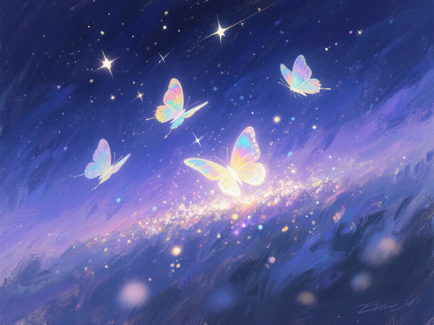 深邃的夜空中布满闪烁的星星，几只色彩斑斓的蝴蝶在星空下轻盈飞舞，翅膀上带有微光，背景是渐变的深蓝色到紫色的夜空，整体画面梦幻而宁静预览效果