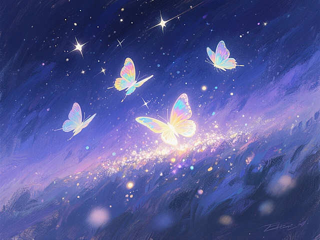 蝴蝶飞舞在星空之下。
