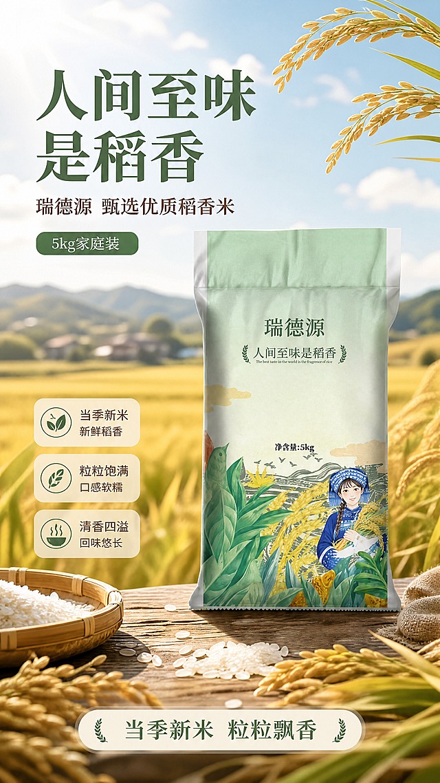 [第1张] 详情页头图-瑞德源稻香米产品主视觉海报。本张使用【图1】正面米袋作为商品主体。
[商品] 使用【图1】正面瑞德源5kg稻香米袋；保留浅绿色顶部、米白色袋身、「瑞德源」品牌名、「人间至味是稻香」标语、稻田民族女性插画图案、净含量5kg标识；保持包装袋结构和颜色与原图一致。
[画面] 目标突出产品全貌和稻田产地氛围。瑞德源稻香米袋置于画面中下偏右，占比约55%；背景为虚化的金色稻田风光，稻穗随风摇曳，远处有蓝天白云和远山；前景散落一些晶莹白米粒和金黄稻穗；整体画面温暖有田园感，产品突出。
[视觉] 套系策略：风格=田园民族风+家常烟火气，温暖自然商业摄影质感；标题字=温润宋体粗体；正文字=简洁黑体；主色=浅草绿+米白色；背景延展=基于米白和浅绿做渐变层次、稻田虚化质感；强调色=金黄色，仅用于稻穗、标签点缀和高光；标题色=深墨绿色；正文色=深棕色；组件=圆角浅底信息卡、细线引线、稻穗装饰元素；光影=左上方暖自然光，柔和通透。
[文字] 左上标题区。主标题「人间至味是稻香」，副标题「瑞德源 甄选优质稻香米」，温润宋体左对齐；标题下方小标签「5kg家庭装」绿色圆角胶囊；底部信息条「当季新米 粒粒飘香」；文字不遮挡米袋主体。
[规格] 9:16竖版比例，4K分辨率，文字清晰可辨，高清画质。负向：米袋变形，包装文字错乱，颜色偏差，水印，文字过小，背景杂乱，产品模糊。