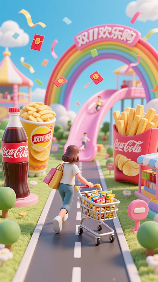 跑道两边是大型的薯片、可乐、薯条，背着购物袋的女人拉着装满零食的购物车朝拱门方向跑去，“双11欢乐购” 彩虹拱门延伸出粉色购物滑梯跑道，空中点缀彩带、红包，背景是蓝天白云下的童趣购物乐园