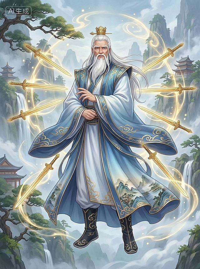 「图片1」类似画风的古装仙侠图，仙风道骨的白发老者，面容威严，白发长须束于金冠，身着蓝白渐变宽袖长袍，金色云纹镶边，衣摆绘有山水图案，脚蹬黑色云纹靴，周身环绕八柄金色飞剑，剑影流光，仙气缭绕，线条细腻，