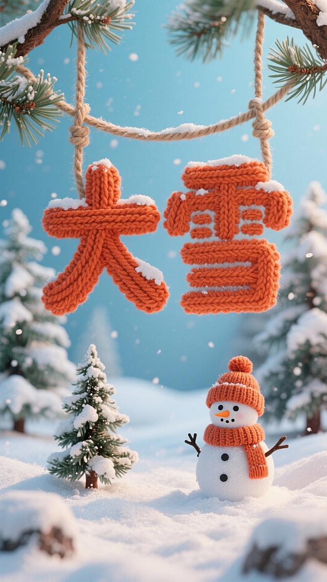 画面中央为橙红色针织质感的 “大雪” 立体字（通过麻绳悬挂于松枝间），下方雪地场景中有一个戴针织帽的雪人、积雪松树，冬日氛围