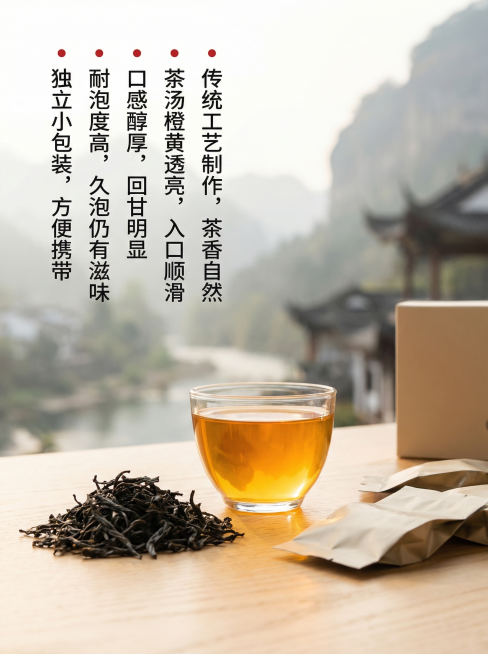 [主图 2] 产品卖点展示，大红袍乌龙茶。现代简约风格，福建武夷山产地氛围，自然暖光。画面中心展示冲泡好的大红袍茶汤，橙黄透亮，旁边摆放干茶茶叶和独立小包装袋，背景融入淡雅山水元素，突出高品质茶叶特点预览效果