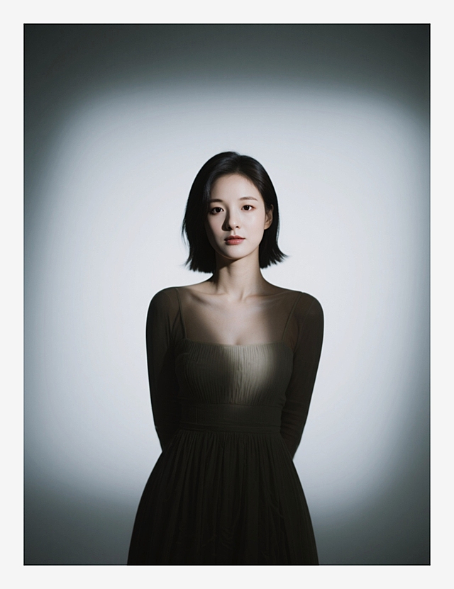 一个女生，韩国妆容造型，八字刘海，气质出众，类似全智贤