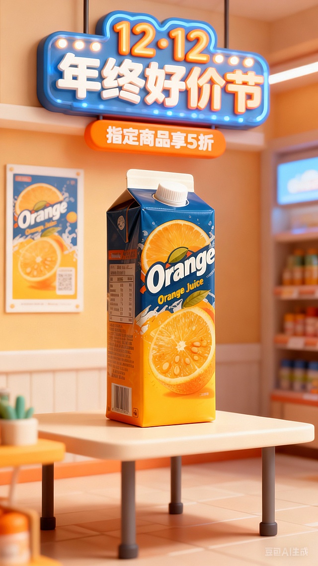 3D重拟物风格，霓虹灯招牌营造促销氛围，塑料质感橙汁盒突出商品细节，节日主题鲜明，视觉冲击力强。