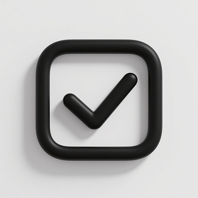软3D风格图标，圆角矩形边框，内部有一个向右下方倾斜的对勾符号，整体为纯黑色，简洁的几何形状，平滑的曲线过渡，轻微的立体感，白色背景，现代简约设计，清晰的视觉层级，无文字和装饰元素，信息传达直接高效。