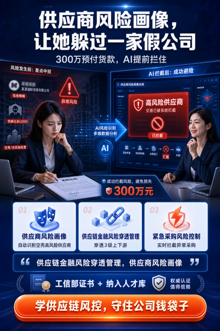 供应链风险销售案例海报，左侧：采购经理即将签合同，背景有可疑假公司图标；右侧：AI系统弹出红色警告"高风险供应商"，交易被拦截，经理松了一口气；中间有箭头连接；顶部白色大标题："供应商风险画像，让她躲预览效果