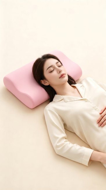 将图一中的女生替换为图二中的女生，去除女生身上所有饰品，保持女生仰躺枕在粉色枕头上的姿势不变，保持闭眼睡觉状态，保留图一的米白色睡衣、粉色枕头和背景，匹配原场景光影预览效果