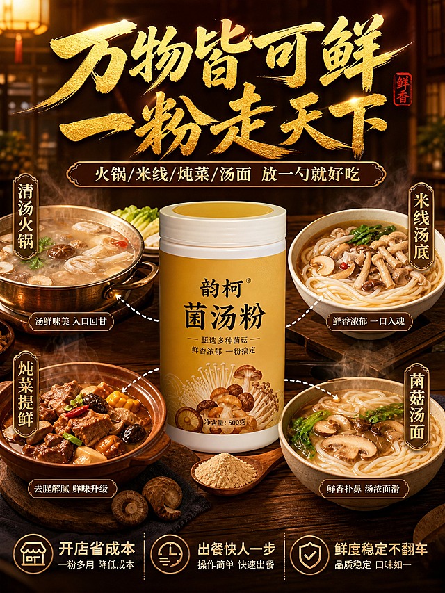 小红书风格菌汤粉多用途海报，3:4竖版，2K分辨率。韵柯菌汤粉产品位于画面中心，四周分布四种美食应用场景：左上清汤火锅、右上米线汤底、左下炖菜提鲜、右下菌菇汤面，用虚线连接产品。顶部金色霸气书法大标题写"万物皆可鲜 一粉走天下"，副标题写"火锅/米线/炖菜/汤面 放一勺就好吃"，底部文字"开店省成本 出餐快人一步 鲜度稳定不翻车"。暖光中式餐饮氛围，小红书爆款排版，金色书法字霸气醒目