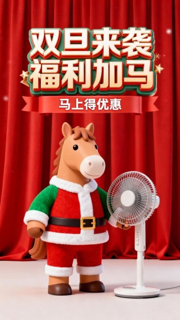 卡通风格，浅棕色拟人马，圣诞色圣诞衣；右手抱着电风扇。画面顶部巨大的3D创意变形艺术字 “双旦来袭 福利加马”（下行小字：马上得优惠），背后的红幕布预览效果