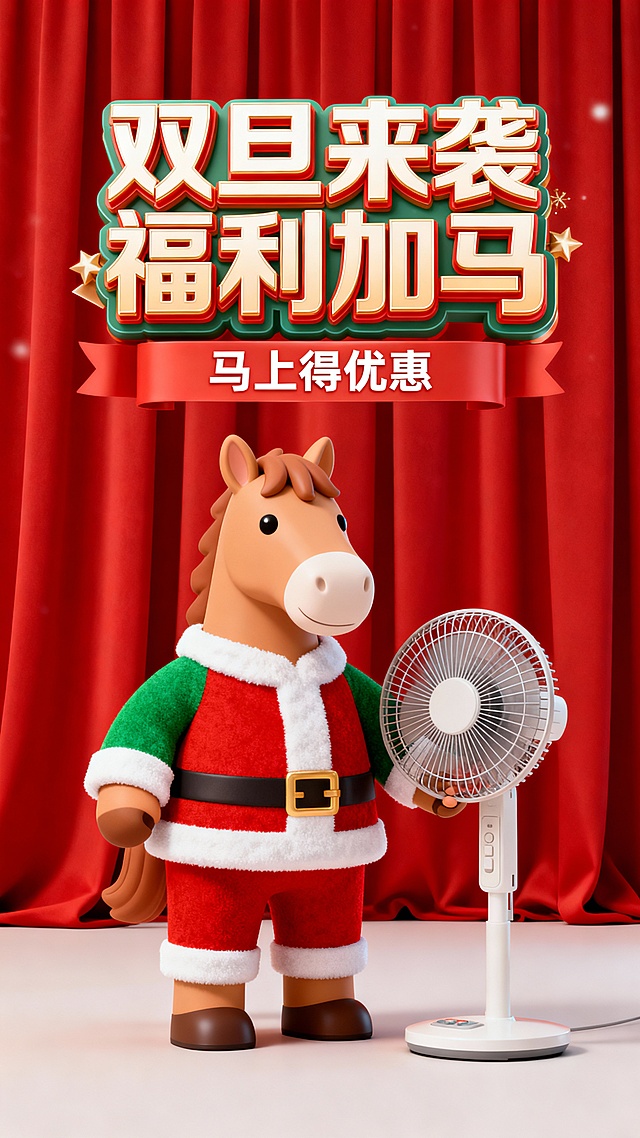 卡通风格，浅棕色拟人马，圣诞色圣诞衣；右手抱着电风扇。画面顶部巨大的3D创意变形艺术字 “双旦来袭 福利加马”（下行小字：马上得优惠），背后的红幕布