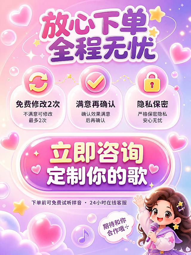 [商品] 歌手代唱服务，非实物服务类商品；售后保障完善，促进下单转化。
[画面] 页面目标：打消用户顾虑，给出明确行动号召，促进最终转化。构图：上下结构，上半部分保障承诺区（3个大泡泡并排），下半部分行动号召区（一个超大主按钮泡泡）。画面底部有可爱的小歌手挥手形象，周围环绕星星和爱心泡泡。阅读动线：从上到下，最后聚焦底部CTA按钮。前景：爱心、星星、小泡泡装饰；中景：保障泡泡+CTA大按钮+歌手形象；后景：暖粉紫渐变背景+光晕。
[视觉] 套系策略：风格=可爱泡泡风高级质感插画；标题字=圆润可爱粗体字，带气泡描边效果；正文字=简洁圆润无衬线体；主色=马卡龙粉紫渐变（粉紫+淡蓝+奶白）；背景延展=基于粉紫蓝马卡龙色系做深浅渐变、同色系气泡层次、柔光弥散效果；强调色=亮黄色，仅用于小面积图标、标签高光和星星装饰；标题色=深紫粉色；正文色=深灰紫色；组件=圆角气泡信息卡、虚线引线、泡泡形状标签、星星点缀；光影=柔和顶光+四周弥散光晕，整体通透梦幻。背景、道具、卡片按主色做深浅/明暗/材质延展；强调色只用于小面积图标、引线、标签或局部光效；产品信息面清晰，逆光只作背景或轮廓光。
[文字] 顶部主标题「放心下单 全程无忧」，3个保障泡泡分别写：「免费修改2次」「满意再确认」「隐私保密」，每个泡泡配一个小图标（循环箭头/对勾/锁）。底部超大CTA按钮泡泡内写主行动文案「立即咨询 定制你的歌」，按钮下方小字「下单前可免费试听样音 · 24小时在线客服」。右下角可爱小歌手旁有气泡对话「期待和你合作哦~」。所有文字横向排版，层级清晰，手机端可读。
[规格] 图片比例3:4竖版，4K分辨率，避免变形、错字、文字过小、低俗元素、真人照片质感、杂乱背景、暗黑风格、冷硬棱角。
