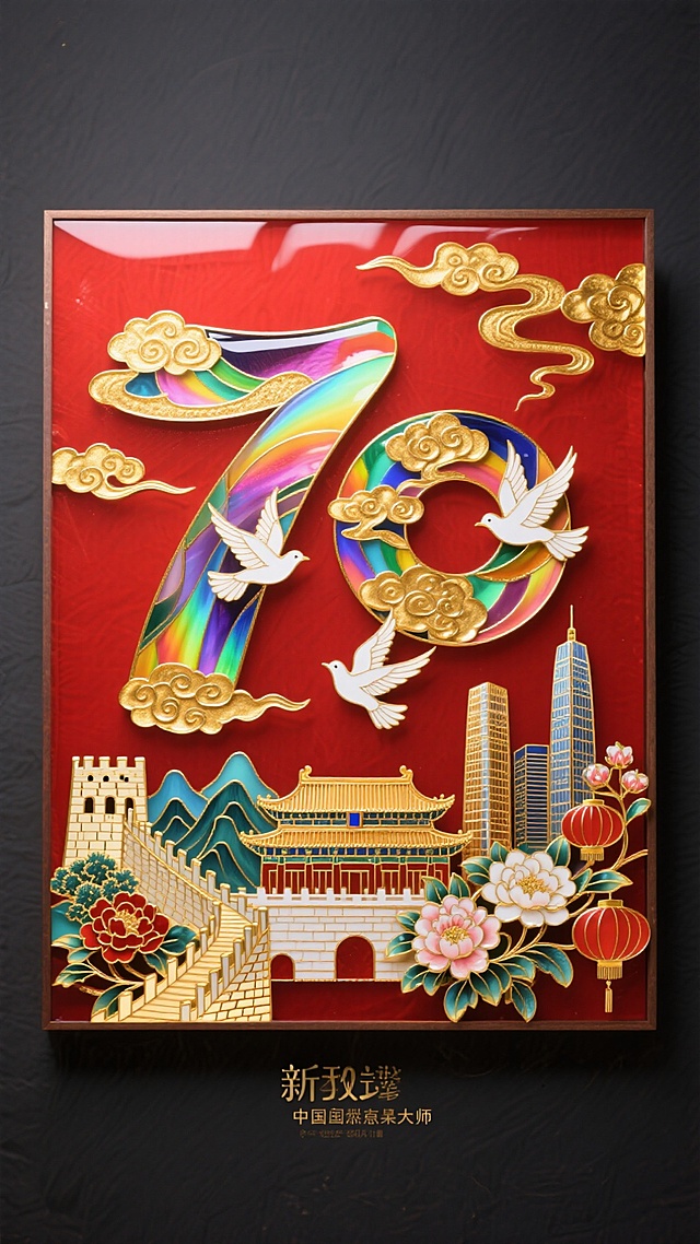 数字“76”进行解构用元素拼接而成，数字笔画填充建筑（长城、山脉、故宫、天坛、高楼大厦等）、鲜花、灯笼，白鸽点缀，光影交织，边缘环绕着金色的祥云，红色背景