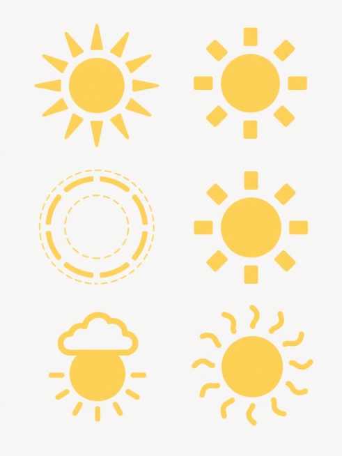 白色背景上，以简约平面设计风格呈现6个太阳图标系列素材集合，均采用黄色圆形核心与放射状光芒的基础配色方案，保持线条平滑、无渐变、无阴影的扁平化视觉特征。每个太阳图标造型完全不同：1. 圆形核心配长短交替的尖角三角形光芒，呈对称放射状；2. 圆形核心配均匀分布的圆角矩形光芒，整体更显柔和；3. 圆形核心被多层同心虚线圆环环绕，模拟太阳日冕效果；4. 圆形核心配不对称分布的几何形光芒，部分光芒带小……预览效果