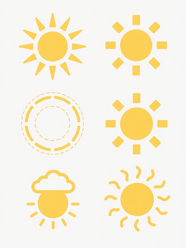 白色背景上，以简约平面设计风格呈现6个太阳图标系列素材集合，均采用黄色圆形核心与放射状光芒的基础配色方案，保持线条平滑、无渐变、无阴影的扁平化视觉特征。每个太阳图标造型完全不同：1. 圆形核心配长短交替的尖角三角形光芒，呈对称放射状；2. 圆形核心配均匀分布的圆角矩形光芒，整体更显柔和；3. 圆形核心被多层同心虚线圆环环绕，模拟太阳日冕效果；4. 圆形核心配不对称分布的几何形光芒，部分光芒带小缺口设计；5. 圆形核心顶部有简化云朵造型，光芒从云下两侧对称放射；6. 圆形核心与光芒一体化设计，光芒呈波浪曲线状向外扩散。所有图标尺寸统一，以2行3列的规整网格形式排布，彼此间距均等，整体构图平衡有序，符合简洁信息传达的设计感。