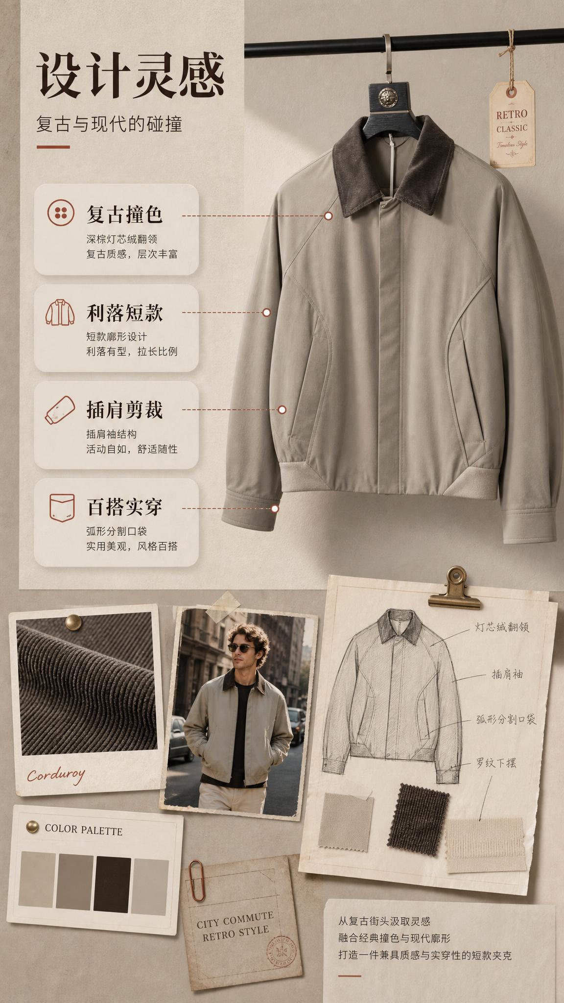 [商品] 使用【图1】卡其灰色灯芯绒领短款夹克；商品处理：保留… - 图片创意预览