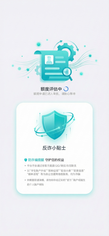 以这张图为原型 帮我重新设计一张额度评估中页面 要求要有评估中的动作 评估元素 多加一些元素装饰页面 整体看起来美观 协调 图中元素用00c2c2号颜色的渐变 页面渐变协调视觉感优美 大师级制作预览效果