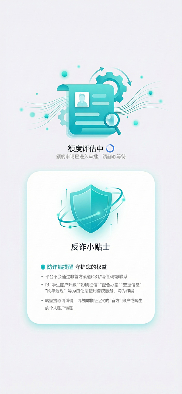 以这张图为原型 帮我重新设计一张额度评估中页面 要求要有评估中的动作 评估元素 多加一些元素装饰页面 整体看起来美观 协调 图中元素用00c2c2号颜色的渐变 页面渐变协调视觉感优美 大师级制作