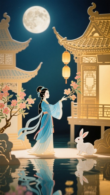 身着飘逸蓝色古装的女子，伸手触摸花枝，满月当空，古式亭台楼阁，挂着的灯笼，水面倒影，白兔预览效果