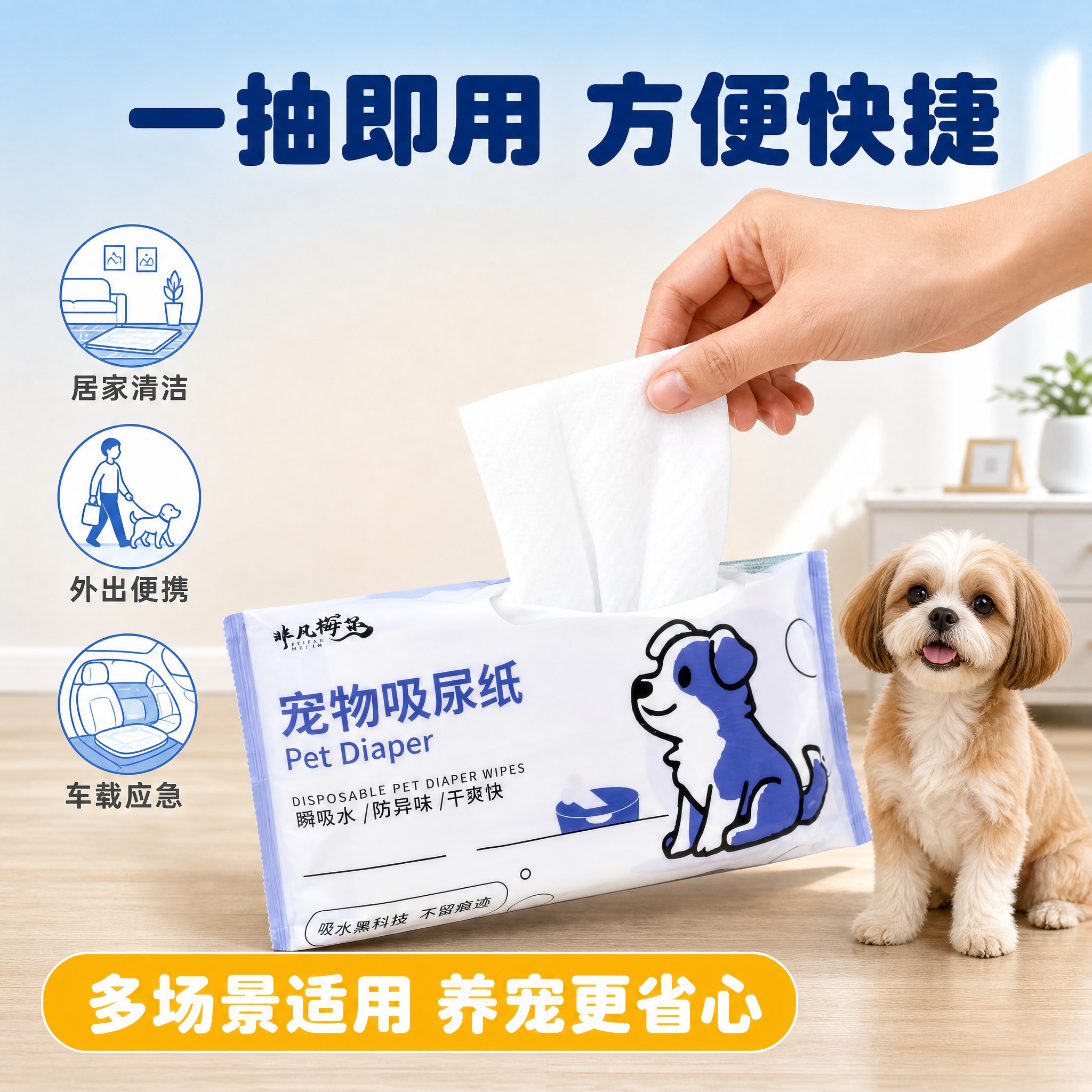 [主图-3] 宠物吸尿纸使用场景与便捷性展示图，突出快捷方便多… - 图片创意预览