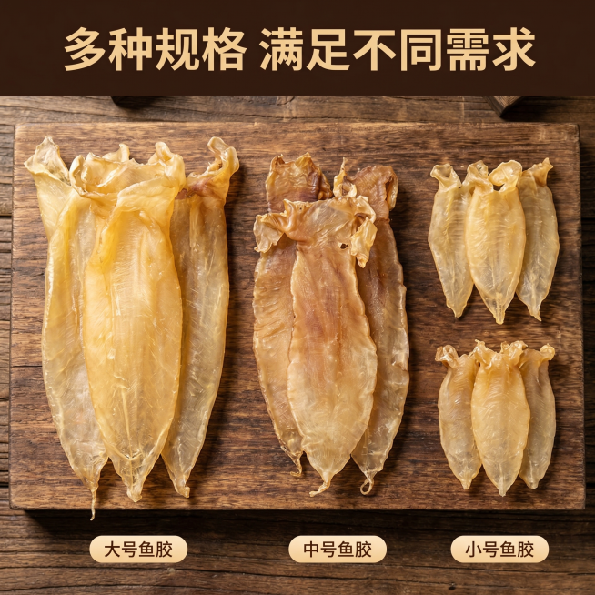 [主图 5] 多规格鱼胶全家福展示
[氛围风格] 整齐陈列，清晰直观展示
[画质] 商业摄影质感，光线柔和通透，产品清晰真实，画面干净高级，超高清
[元素] 不同大小规格的鱼胶整齐排列在木质背景上，从预览效果