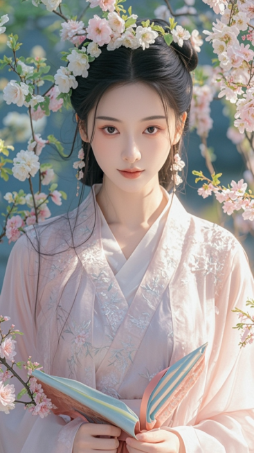 在那雕梁画栋的深宅大院之中，一位女子款步而来。她身着一袭淡粉色的罗裙，裙裾轻扬，宛如春日枝头初绽的桃花，柔美而娇艳。上身搭配着一件月白色的锦缎襦衫，衣襟处用丝线细细绣着几枝翠竹，更添几分雅致。一头乌黑预览效果