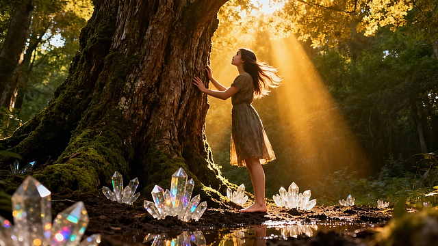 赤脚女子站在森林空地，双手触摸参天古树，脚下泥土生长出水晶簇，阳光透过树叶形成光柱。风格是童话风格，比例是16:9