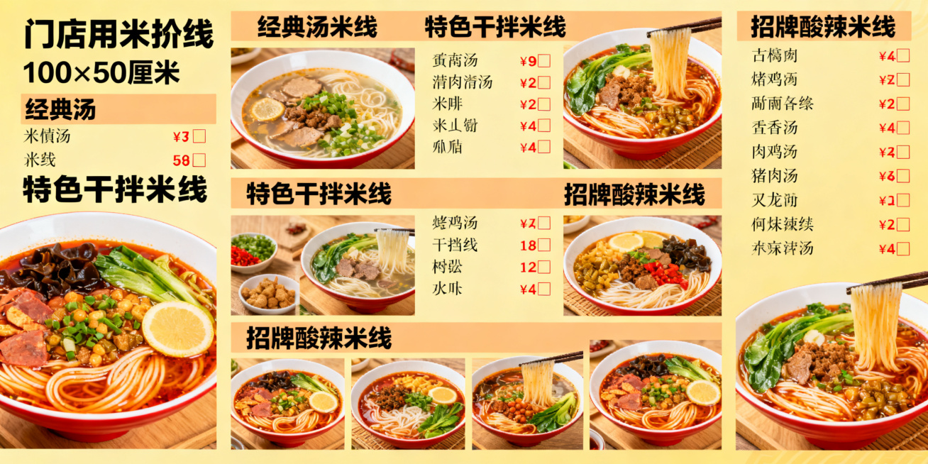 重新生成100×50厘米尺寸的米线菜单设计，包含多张米线菜品图片，设置清晰的热销菜品分类分区，排版清晰美观，适合门店使用预览效果