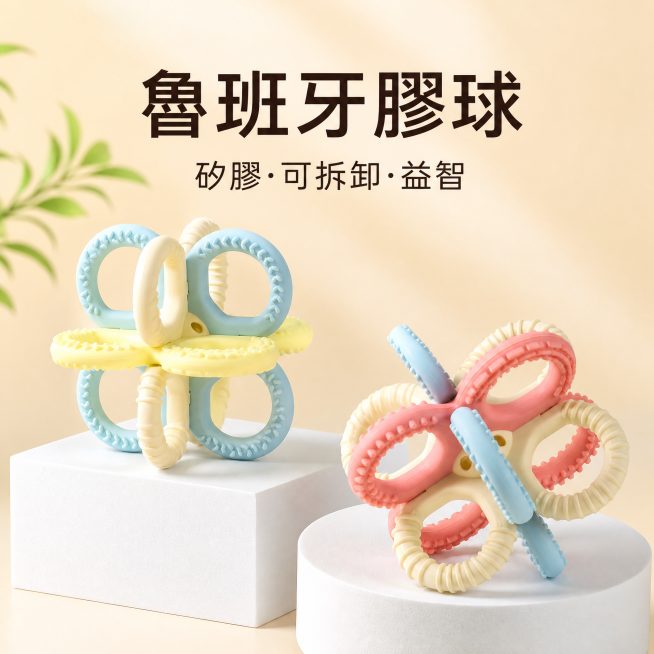 生成一张适合台湾虾皮市场销售的鲁班牙胶球热销商品主图，画面展示两个鲁班牙胶球玩具，文案为繁体中文：“魯班牙膠球 矽膠·可拆卸·益智”，不要出现价格，整体风格清新温馨有吸引力，激发购买欲，保持商品清晰质预览效果