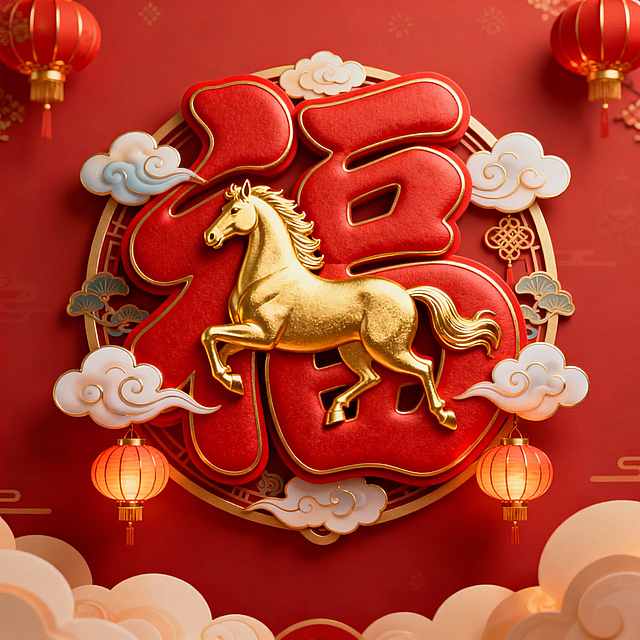 马年吉祥风格福字，融入骏马元素，传统喜庆红金配色，带有祥云、灯笼等春节元素，字体圆润饱满充满年味