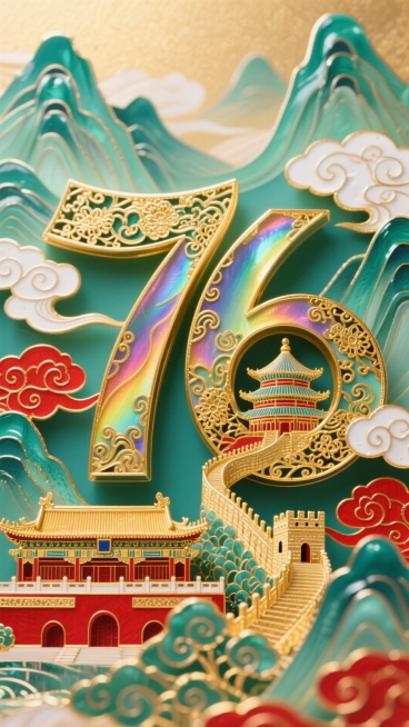主体为立体金色“76”，内及周边融天坛、长城、中式楼阁。背景是层叠青绿山峦与带传统纹样的白祥云，色调以暖金为主，配朱红建筑细节、青绿山峦，缀红祥云纹。细节精致（飞檐斗拱、云纹卷曲），显中华底蕴与喜庆，预览效果