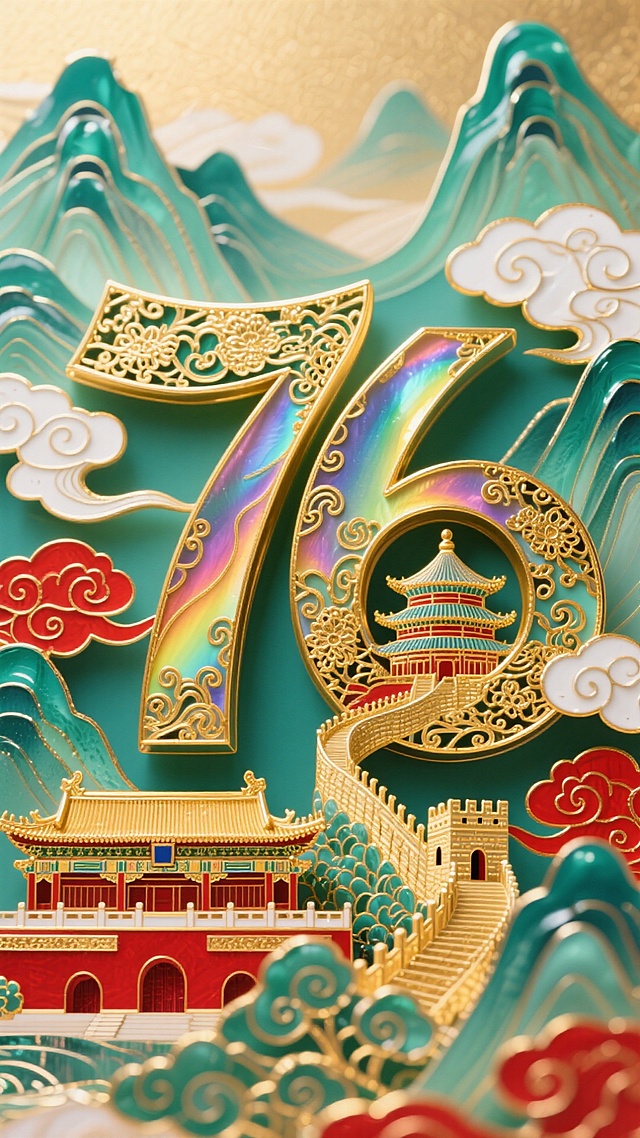 国潮风插画，鎏金浮雕数字“76”融合剪纸山河与故宫元素，喜庆奢华，展现中式复古韵味。