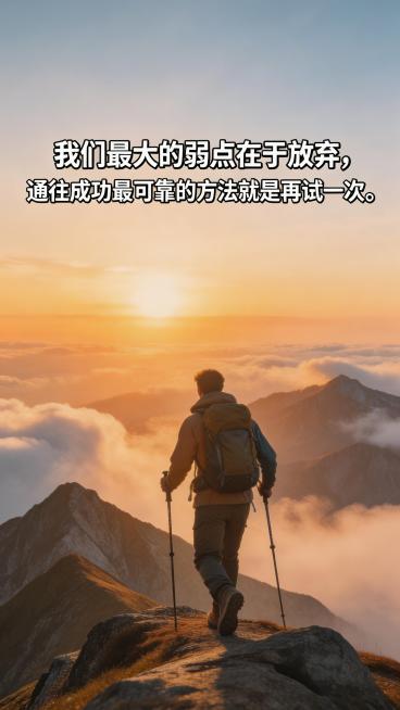 励志向上风格9:16早安海报，画面搭配登山者重新前行元素，居中放置文字"我们最大的弱点在于放弃，通往成功最可靠的方法就是再试一次。"，字体尺寸保持一致，文字清晰排版整齐，整体充满力量感预览效果
