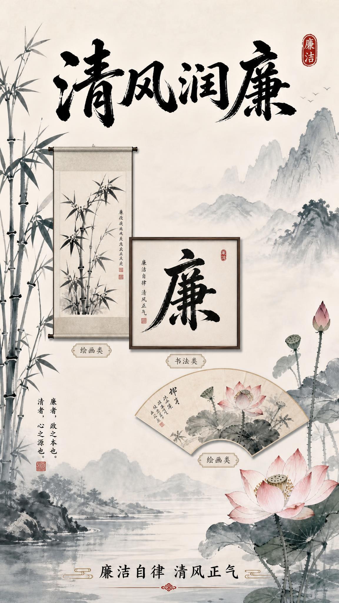 基于参考图的整体国风水墨风格和布局，保留顶部大书法标题"清风润… - 图片创意预览