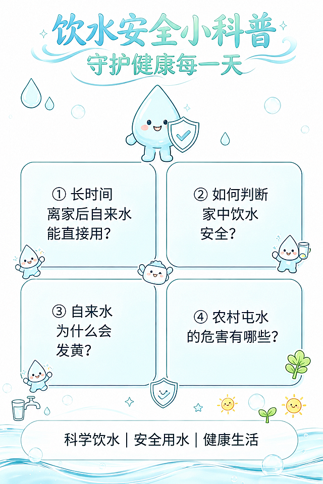 严格参考图片的视觉风格、字体样式、配色方案和元素风格，生成一张饮用水安全科普封面。保持完全一致的蓝绿色渐变字体、水滴卡通形象、气泡水波元素、圆角浅蓝色卡片风格。

封面内容（文字字迹风格与参考图一致）：
- 顶部大标题："饮水安全小科普"（蓝绿色渐变艺术字，带波浪装饰线）
- 副标题："守护健康每一天"
- 画面中央偏上是一个可爱的水滴卡通吉祥物，手持带对勾的盾牌，表情阳光
- 下方以四个圆角浅蓝色卡片形式融入4个问题，2x2排列，卡片风格与参考图一致：
  ① 长时间离家后自来水能直接用？
  ② 如何判断家中饮水安全？
  ③ 自来水为什么会发黄？
  ④ 农村屯水的危害有哪些？
- 每个卡片旁配有小水滴卡通形象点缀
- 周围点缀：气泡、小水滴、星星、小嫩芽等元素，风格与参考图完全一致
- 底部水波装饰带上的文字："科学饮水 | 安全用水 | 健康生活"
- 文字清晰无错别字，字迹风格与参考图保持一致，整体为封面版式
