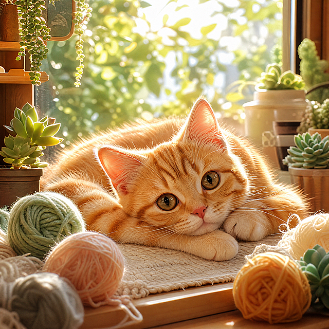 一只可爱的橘猫趴在洒满阳光的窗台上，周围放着多肉绿植和毛线球，整体风格温馨治愈，画质高清细腻