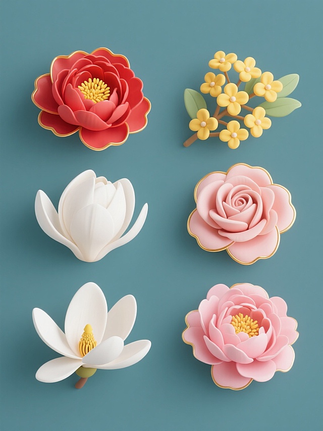 一张纯色背景的设计图，画面中六个规整排布的素材呈矩阵式排列，每个素材均为单一花朵造型图案。花朵采用软3D风格，具有柔和的渐变色彩和轻微的立体感，边缘有精致的金色描边。花朵元素包括：红色花瓣层层叠叠、花蕊呈黄色的牡丹，黄色小巧花瓣簇拥成簇的桂花，花瓣边缘呈波浪状、色彩饱满的玫瑰花，花瓣洁白如玉、形态优雅的白玉兰，花瓣细长、中心有黄色花蕊的菊花，以及花瓣粉嫩、花型饱满的芍药。整体设计简洁大方，色彩鲜明，每个花朵图案都清晰可辨，具有装饰性和美感。