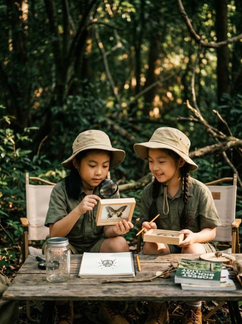 2K高清户外研学营纪实摄影，复古胶片色调，柔和自然光，电影感构图，暖绿色调，真实抓拍，生动自然，高细节，背景虚化；两个亚洲小女孩，8-10岁，戴着卡其色探险帽，穿着户外工装，坐在折叠露营椅上，专注地观预览效果