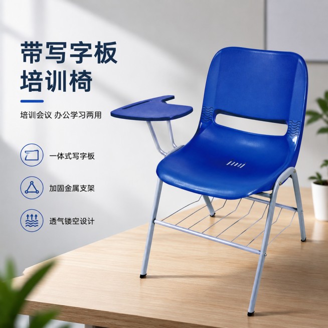 [单张主图] 商品名称带写字板培训椅，高级氛围感主图，展示产品专业品质与实用设计。
[画面主体] 保持产品外观、物理结构、材质质感、颜色与输入产品图绝对一致，杜绝任何变形和色差，精细化处理。蓝色塑料靠预览效果