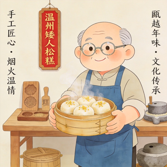 新中式素雅插画，可爱温州老匠人将矮人松糕上笼蒸制后出笼得到成品，完成温州传统民俗小吃制作，突出手工匠心、烟火温情、瓯越年味，老温州味道文化传承，风格素雅简约预览效果