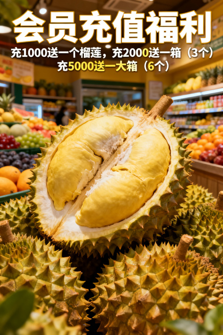 水果店会员充值活动海报，暖黄色温馨风格，新鲜饱满的金枕榴莲作为主体元素，顶部大字标题写着"会员充值福利", 内容文字："充1000送一个榴莲，充2000送一箱（3个），充5000送一大箱（6个）"，整预览效果