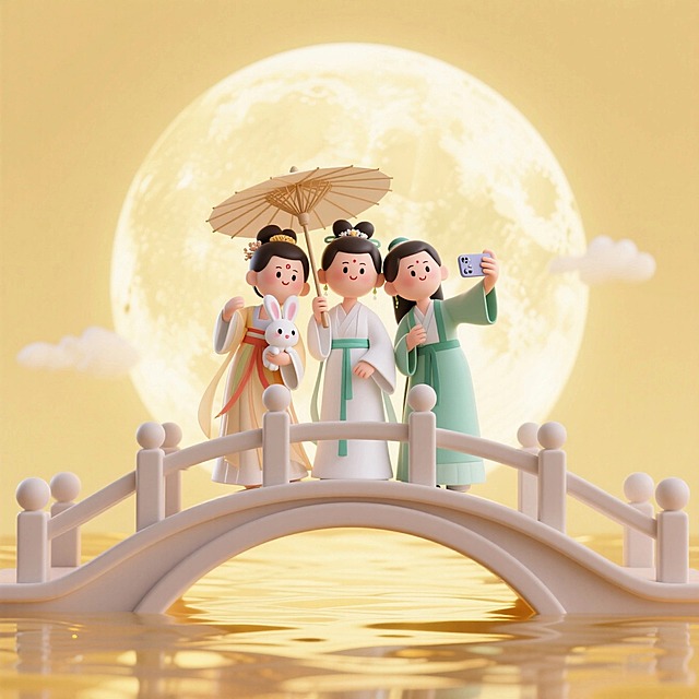 巨大的月亮悬挂在波光粼粼的金色水面中央，前景是嫦娥（手抱玉兔，仙女服装）和穿着《新白娘子传奇》的服装的白素贞（手执纸伞，白衣）、青儿（青衣），拿着手机在一座桥上自拍（一起看镜头）。中心对称式构图，淡黄色调的天空背景，辉光效果