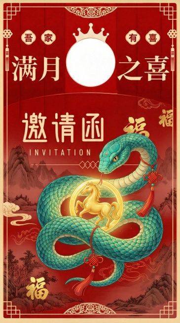 把小蛇换成国潮新中式小蛇形象，2026 丙午马年联动设计，主体是青绿色灵蛇，鳞片采用工笔重彩技法，纹理清晰立体，蛇身缠绕金色的马形玉饰，点缀红色中国结与流苏，背景是水墨山水 + 祥云纹 + 烫金福字，预览效果